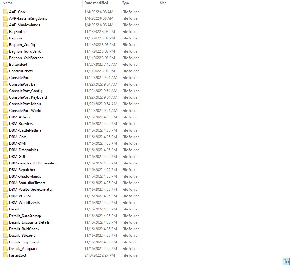Screenshot of the file hierarchy for WoW addons.