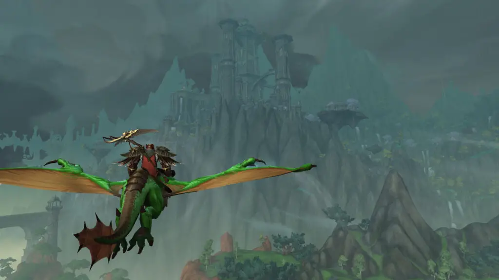 A hero soaring up to Valdrakken, the main hub city of Dragonflight.
